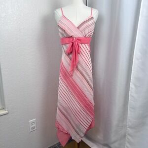 Vintage Y2K Studio Y Midi Babydoll Dress Juniors 15 Pink Striped Asymmetrical
